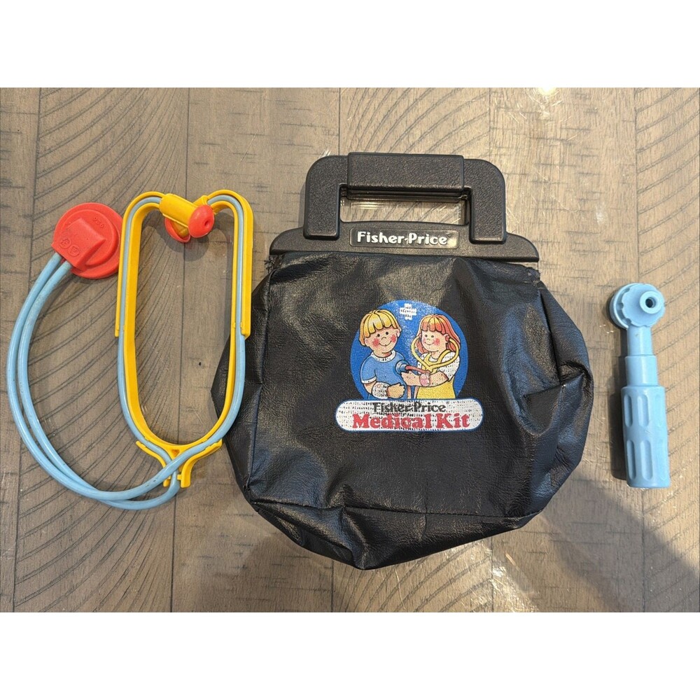 Vintage Fisher Price Medical Kit Doctor Nurse Bag stethoscope otoscope ear 1980s